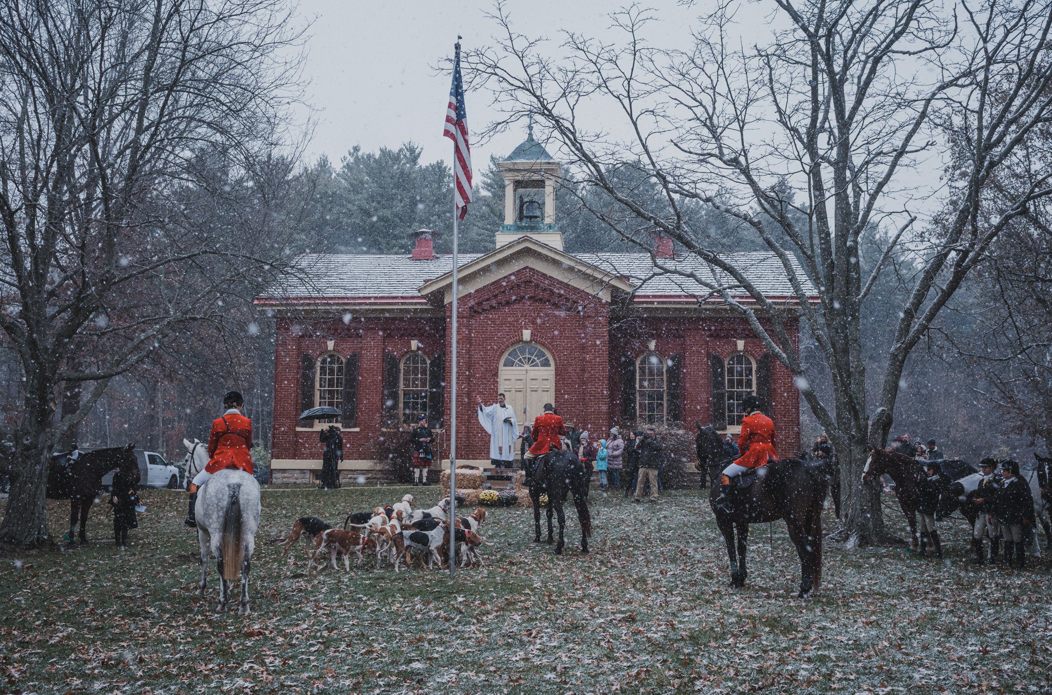 a beautiful winter's day for the 2022 opening meet at the Little Red Schoolhouse