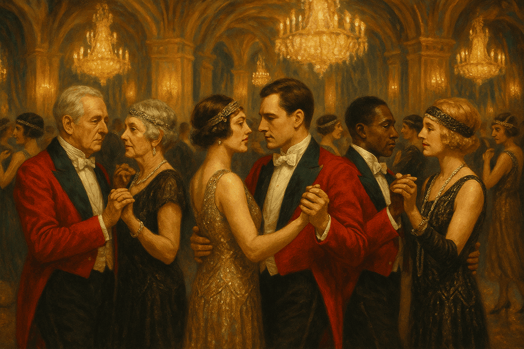 Image of couples dancing in 1920s formal hunt attire. Image by ChatGPT
